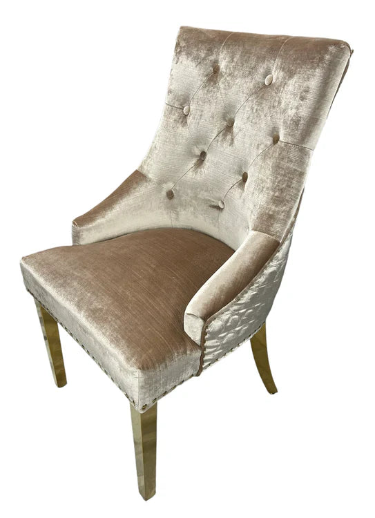 Gold Lion Knocker Quilted Tufted Plush Shiny Velvet Dining Chair Gold Legs - 2 Colours-Esme Furnishings