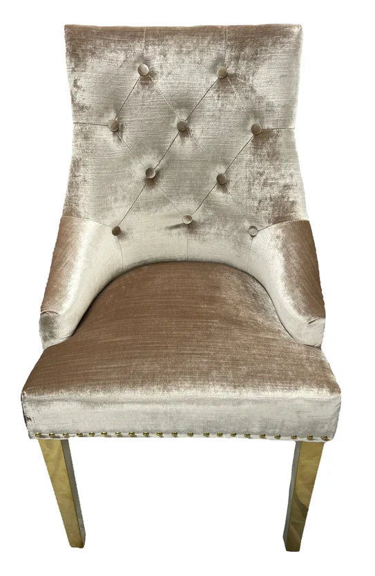 Majestic Gold Lion Knocker Quilted Tufted Shimmer Velvet Dining Chair Gold Legs - 2 Colours-Esme Furnishings