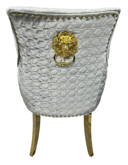 Majestic Gold Lion Knocker Quilted Tufted Shimmer Velvet Dining Chair Gold Legs - 2 Colours-Esme Furnishings