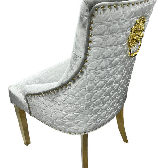 Gold Lion Knocker Quilted Tufted Plush Shiny Velvet Dining Chair Gold Legs - 2 Colours-Esme Furnishings