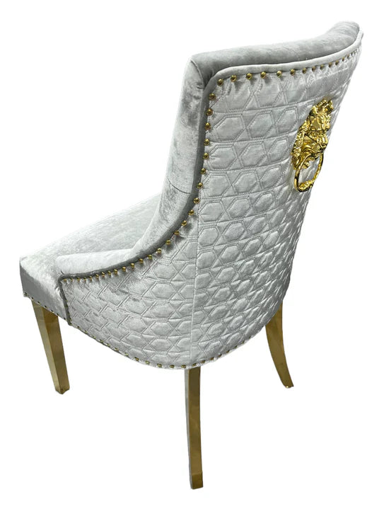 Gold Lion Knocker Quilted Tufted Plush Shiny Velvet Dining Chair Gold Legs - 2 Colours-Esme Furnishings