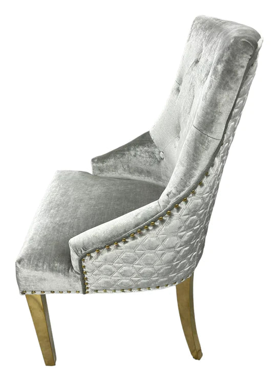 Gold Lion Knocker Quilted Tufted Plush Shiny Velvet Dining Chair Gold Legs - 2 Colours-Esme Furnishings