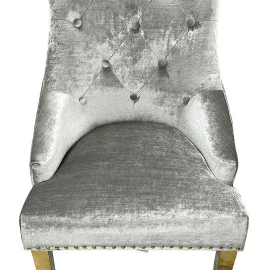 Gold Lion Knocker Quilted Tufted Plush Shiny Velvet Dining Chair Gold Legs - 2 Colours-Esme Furnishings