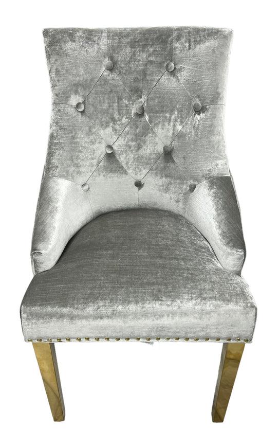 Gold Lion Knocker Quilted Tufted Plush Shiny Velvet Dining Chair Gold Legs - 2 Colours-Esme Furnishings