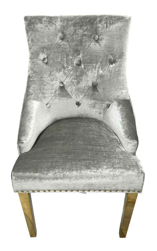 Majestic Gold Lion Knocker Quilted Tufted Shimmer Velvet Dining Chair Gold Legs - 2 Colours-Esme Furnishings