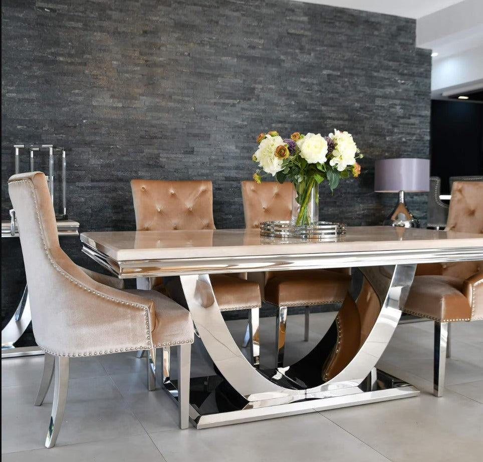 Arial 180cm White Marble Dining Table + Champagne Knocker Plush Velvet Chairs-Esme Furnishings