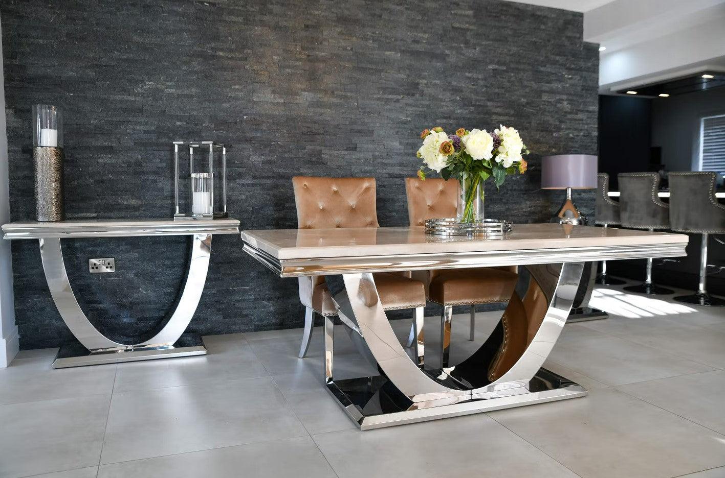 Arial 180cm White Marble Dining Table + Champagne Knocker Plush Velvet Chairs-Esme Furnishings