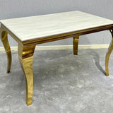 Louis Marble & Gold Dining Table With Victoria Gold Lion Knocker Velvet Chairs