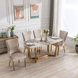 Lucien 180cm Gold Oval Dining Table with Pandora Gold Ceramic Marble Top + Cream/Gold  Ring Knocker Velvet Chairs