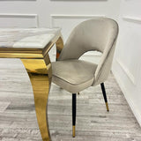 Louis Glass & Gold Dining Table With Astra Velvet / Leather Chairs