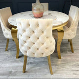 Louis 130cm Gold Round Marble Dining Table + Kensington Cream/Gold Velvet Dining Chairs - Belmont Interiors