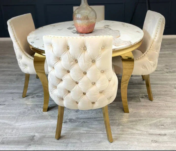 Louis 130cm Gold Round Marble Dining Table + Kensington Cream/Gold Velvet Dining Chairs - Belmont Interiors