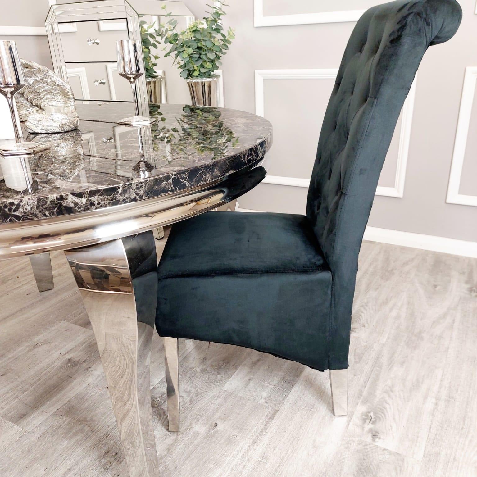 Louis Black Marble 130cm Round Dining Table + Lucy Black Lion Knocker Plush Velvet Chairs-Esme Furnishings