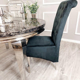 Louis Black Marble 130cm Round Dining Table + Lucy Black Lion Knocker Plush Velvet Chairs-Esme Furnishings