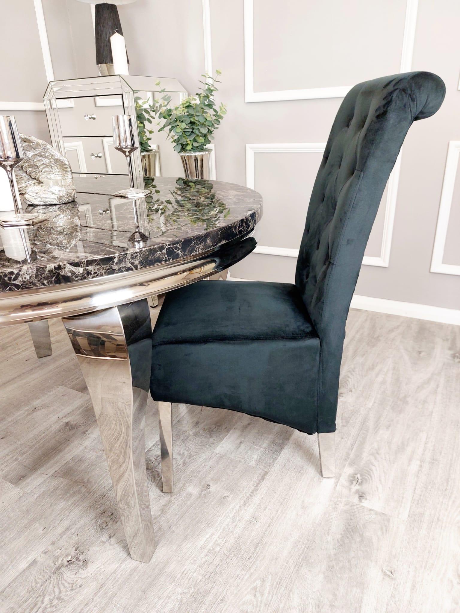 Louis Black Marble 130cm Round Dining Table + Lucy Black Lion Knocker Plush Velvet Chairs-Esme Furnishings