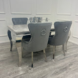 Louis Marble & Chrome Dining Table With Megan Chrome Ring Knocker Velvet Chairs