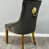 Majestic Dark Grey Gold Lion Knocker Quilted Tufted Plush Velvet Dining Chair Gold Legs