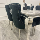 Louis Marble & Chrome Dining Table With Megan Chrome Ring Knocker Velvet Chairs