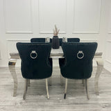 Louis Marble & Chrome Dining Table With Megan Chrome Ring Knocker Velvet Chairs