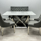 Aria 180cm Grey Marble & Chrome Dining Table With Majestic PU Leather Lion Knocker Dining Chairs