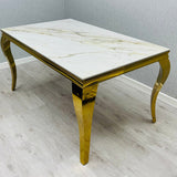 Louis Gold 150cm Ceramic Marble Cream Gold Dining Table With Shimmer Gold Lion Knocker Dining Chairs