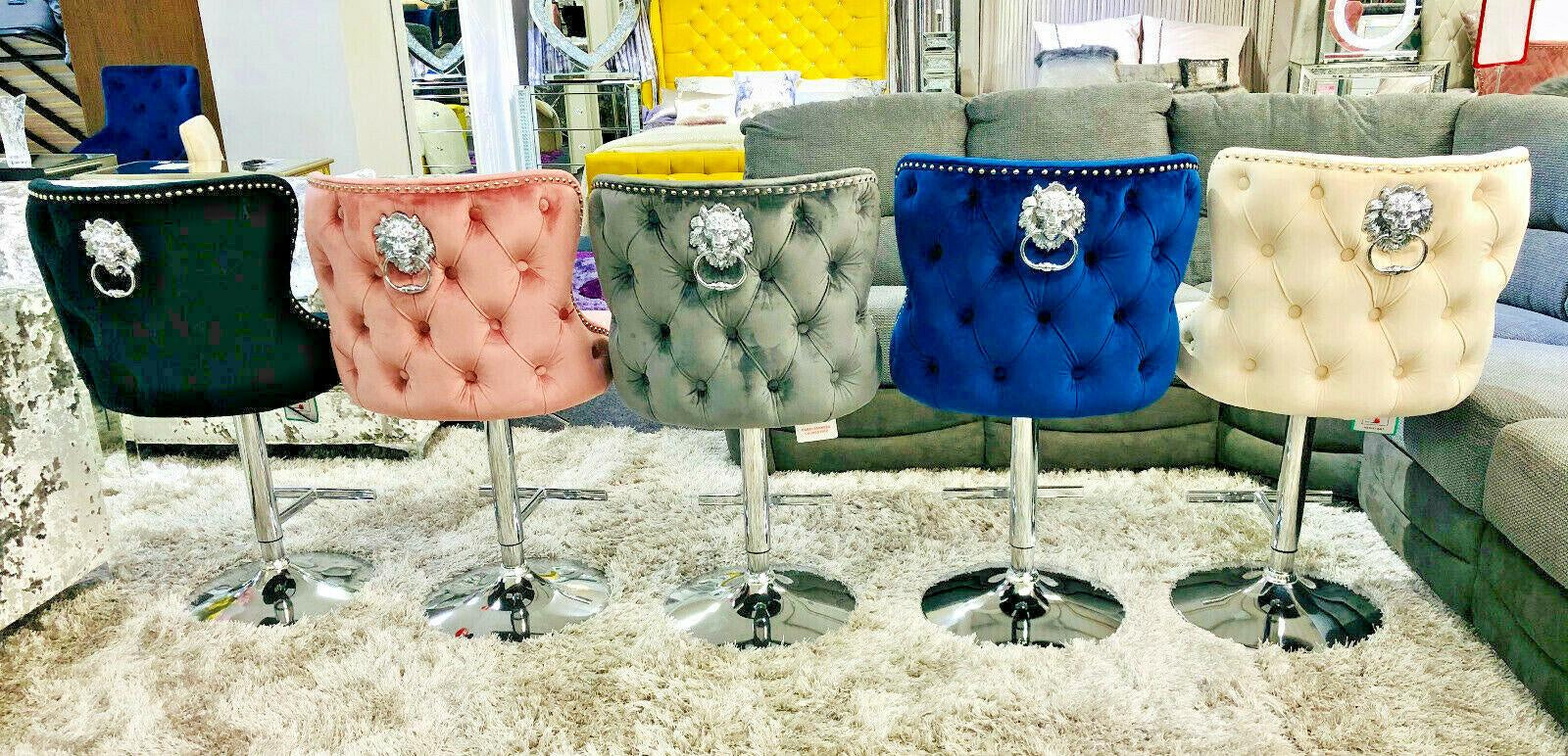 Valentino Lion Knocker Quilted Tufted Plush Velvet BAR STOOLS - 6 Colours-Esme Furnishings