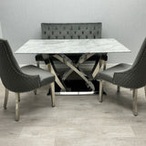 Aria 180cm Grey Marble & Chrome Dining Table With Majestic PU Leather Lion Knocker Dining Chairs