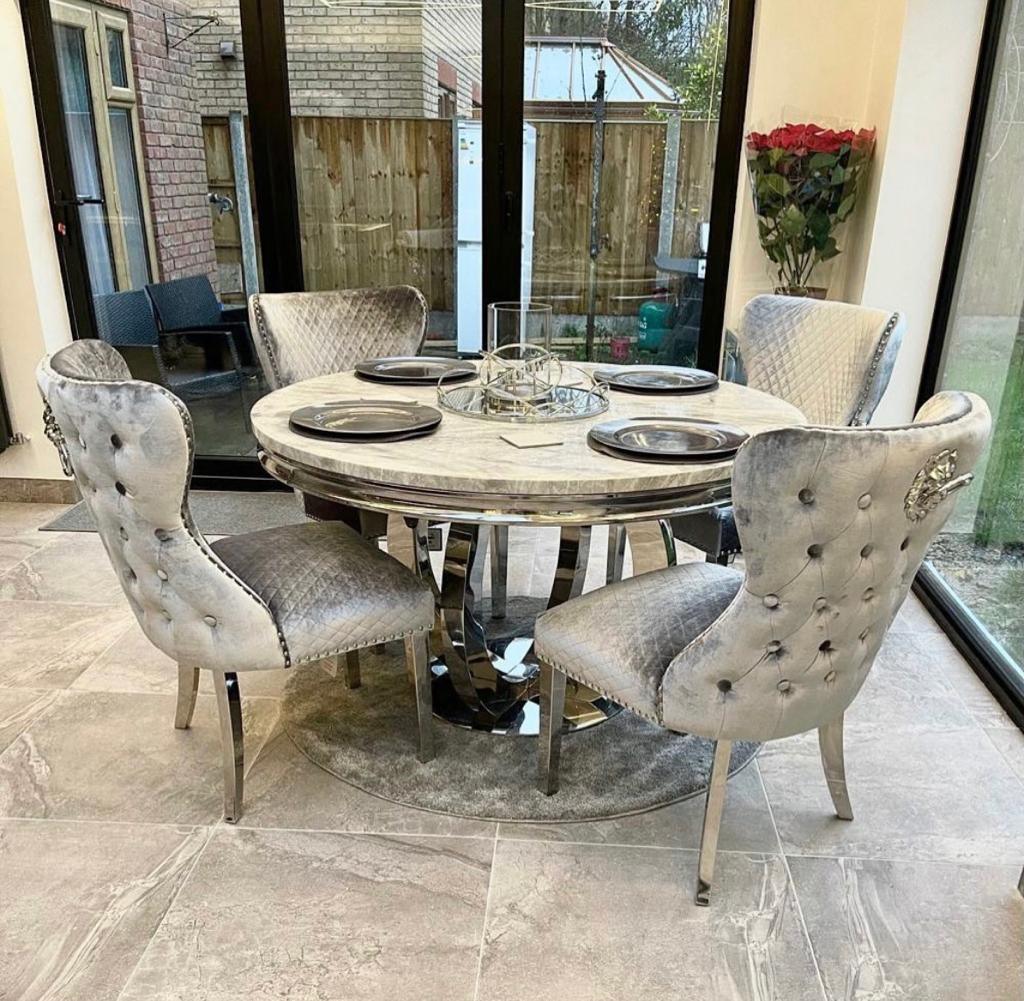 Chelsea 130cm Grey Marble Round Dining Table + Valente Grey Lion Button Chairs-Esme Furnishings