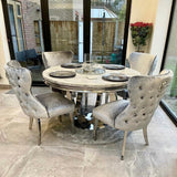 Chelsea 130cm Grey Marble Round Dining Table + Valente Grey Lion Button Chairs-Esme Furnishings