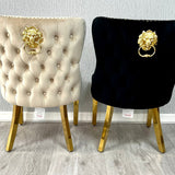 Valentino Gold Lion Knocker Plush Velvet Button Back Dining Chair Gold Legs - 2 Colours