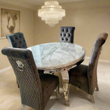 Louis 130cm Marble Round Dining Table + Lucy Slim Quilted Lion Dining Chairs