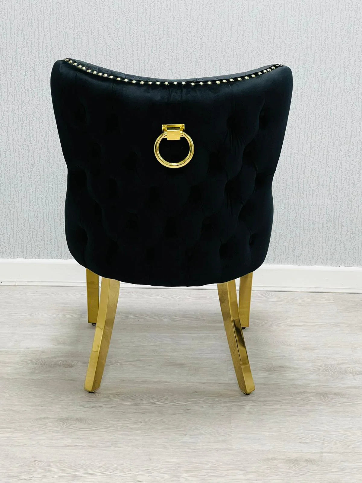 Valentino Gold Ring Black Plush Velvet Dining Chair Gold Legs - Belmont Interiors