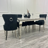 Louis Marble & Chrome Dining Table With Megan Chrome Ring Knocker Velvet Chairs