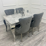 Louis Marble & Chrome Dining Table With Megan Chrome Ring Knocker Velvet Chairs