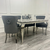 Louis Marble & Chrome Dining Table With Megan Chrome Ring Knocker Velvet Chairs