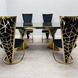 Ravello 180cm Gold Dining Table With Posidon High Back Velvet Gold Chairs