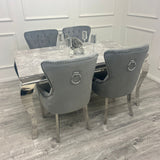 Louis Marble & Chrome Dining Table With Megan Chrome Ring Knocker Velvet Chairs