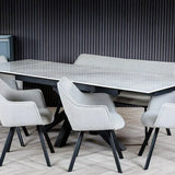 Moda 160-240cm White Ceramic Marble Side Extending Dining Table + Grey Boucle Fabric Dining Chairs