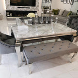 Louis Marble & Chrome Dining Table With Grey Ring Knocker Velvet Chairs & Bench