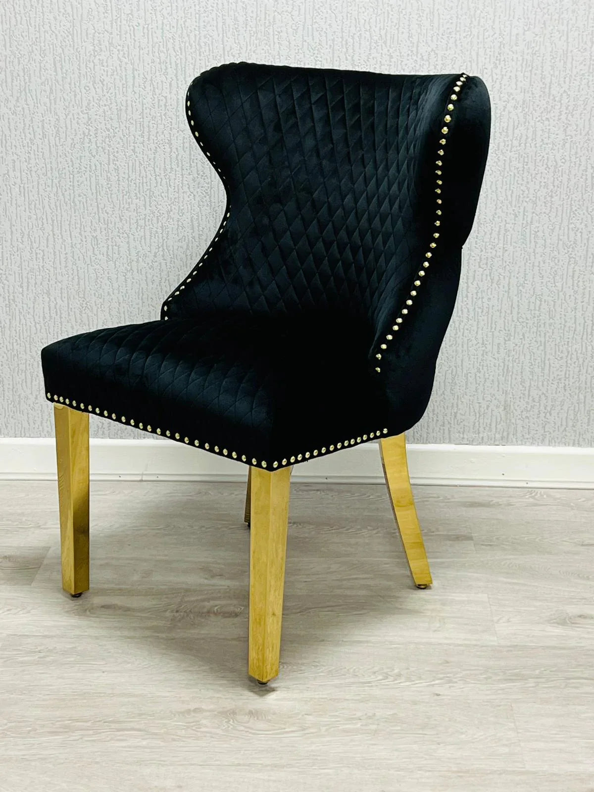 Valentino Gold Ring Black Plush Velvet Dining Chair Gold Legs - Belmont Interiors