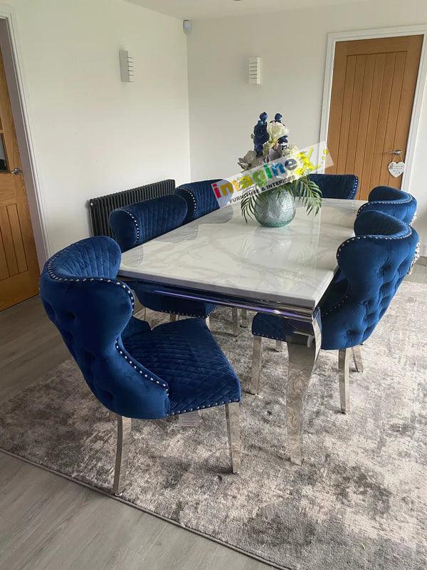 Louis Marble & Chrome Dining Table With Valente Lion Knocker Velvet Chairs-Esme Furnishings