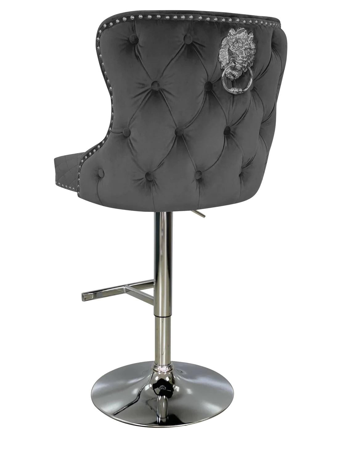 Valentino Grey Lion Knocker Quilted Back Plush Velvet Chrome Bar Stool - Belmont Interiors