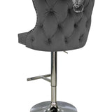 Valentino Grey Lion Knocker Quilted Back Plush Velvet Chrome Bar Stool - Belmont Interiors