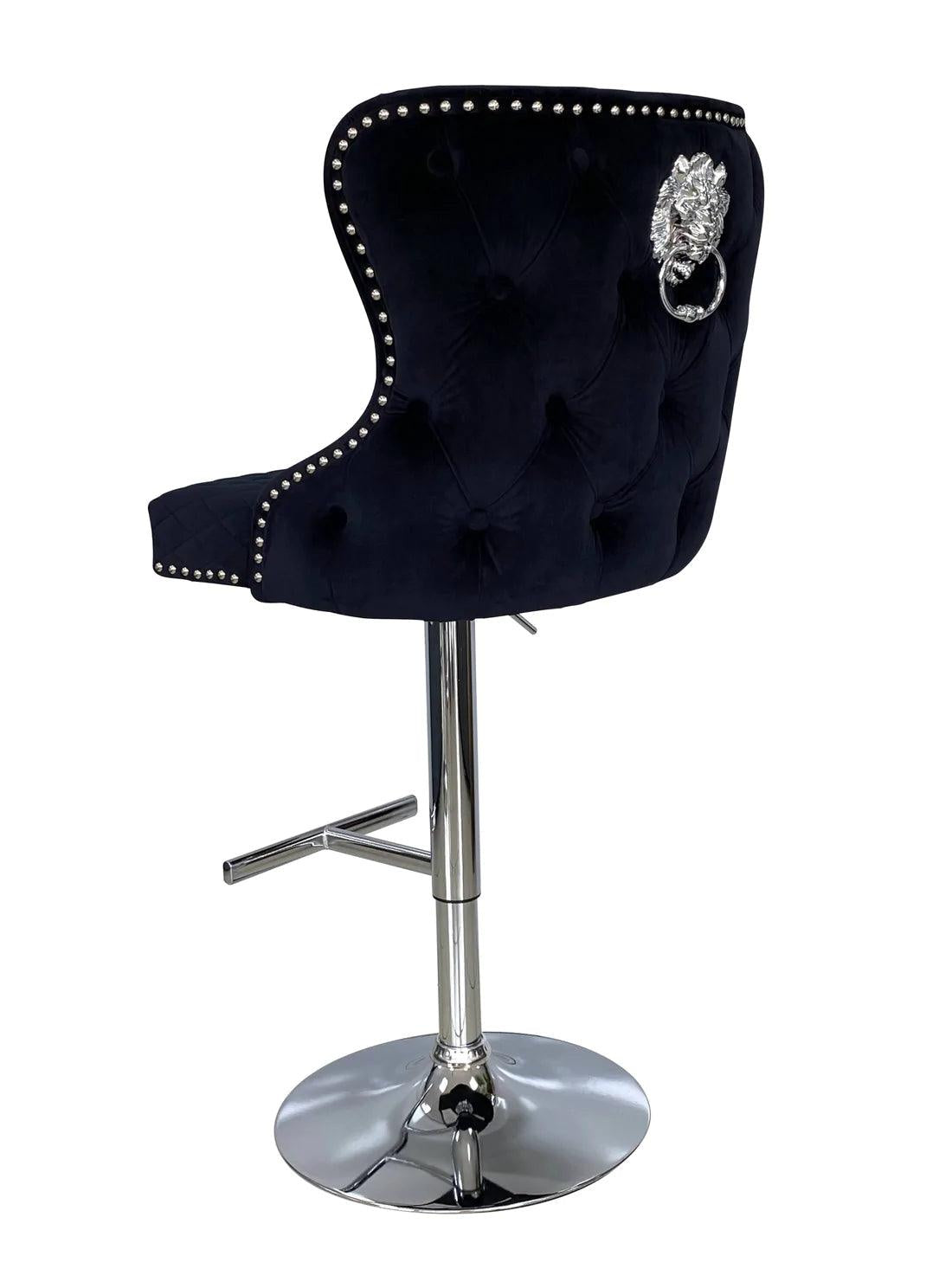 Valentino Black Lion Knocker Quilted Back Plush Velvet Chrome Bar Stool-Esme Furnishings