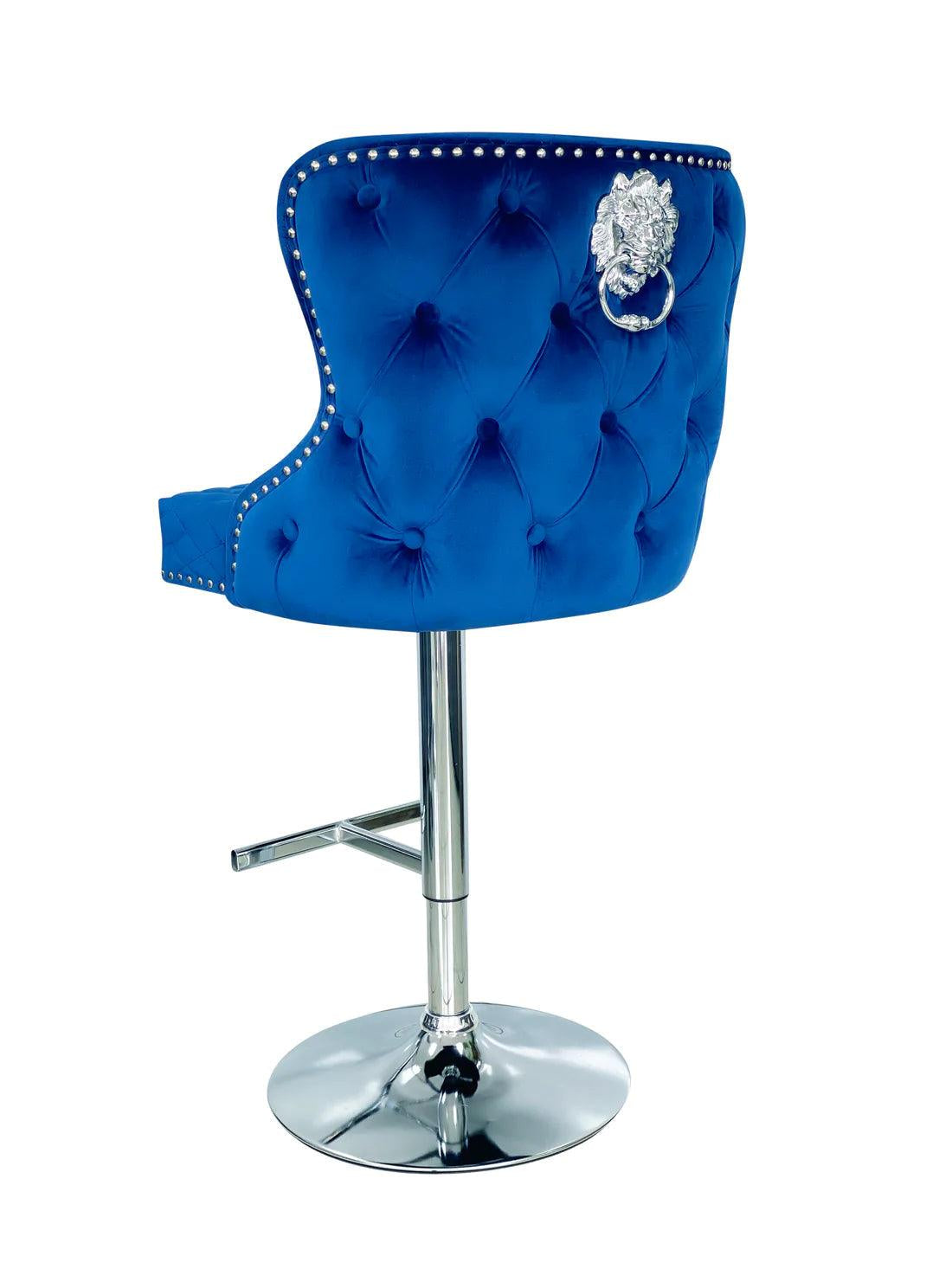 Valentino Navy Blue Lion Knocker Quilted Back Plush Velvet Chrome Bar Stool - Belmont Interiors