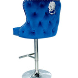 Valentino Navy Blue Lion Knocker Quilted Back Plush Velvet Chrome Bar Stool - Belmont Interiors