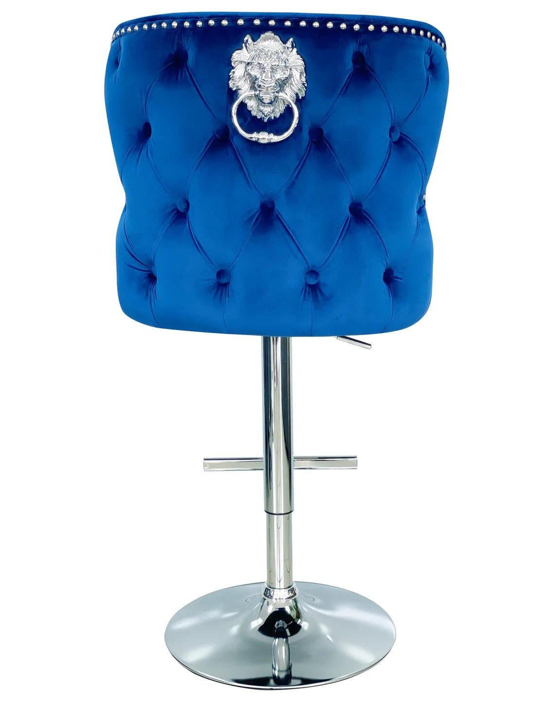 Valentino Navy Blue Lion Knocker Quilted Back Plush Velvet Chrome Bar Stool - Belmont Interiors