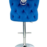 Valentino Navy Blue Lion Knocker Quilted Back Plush Velvet Chrome Bar Stool - Belmont Interiors