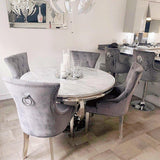 Chelsea 130cm White Marble Round Dining Table + Grey Ring Knocker Chairs-Esme Furnishings