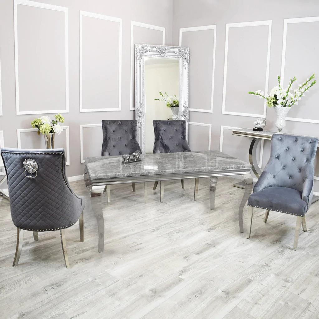 Louis Marble & Chrome Dining Table With Quilted Lion Knocker Velvet Chairs-Esme Furnishings